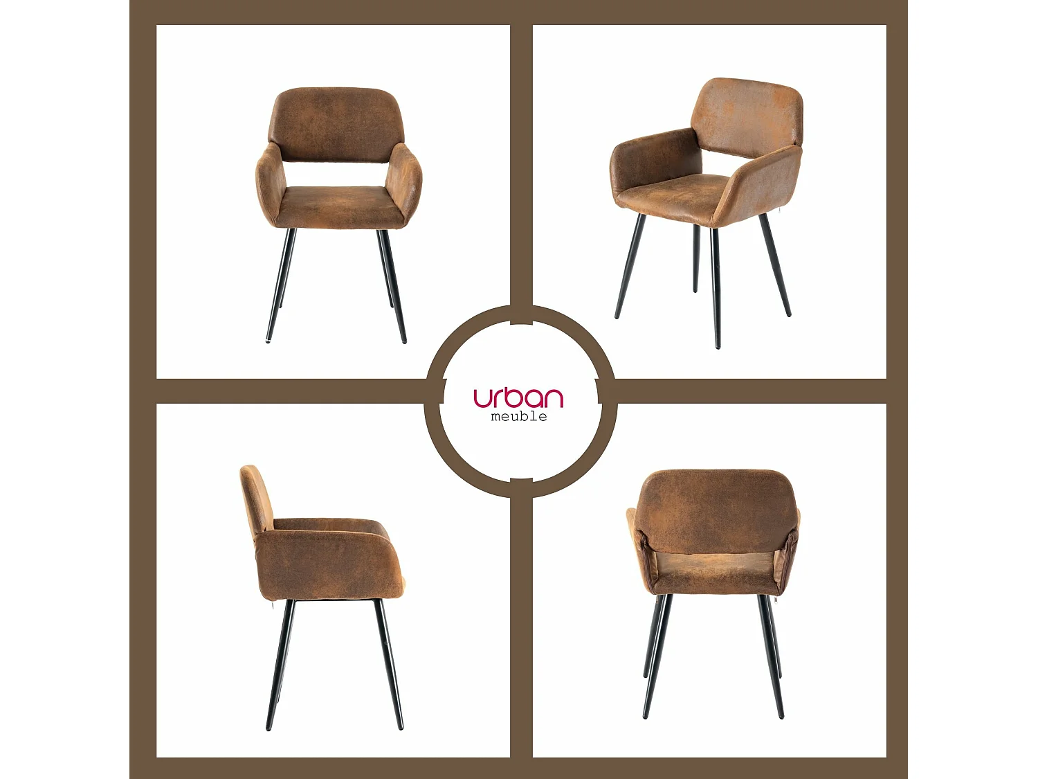 URBAN MEUBLE Lot de 4 chaises de salle à manger style industriel tissu marron rétro pieds noirs