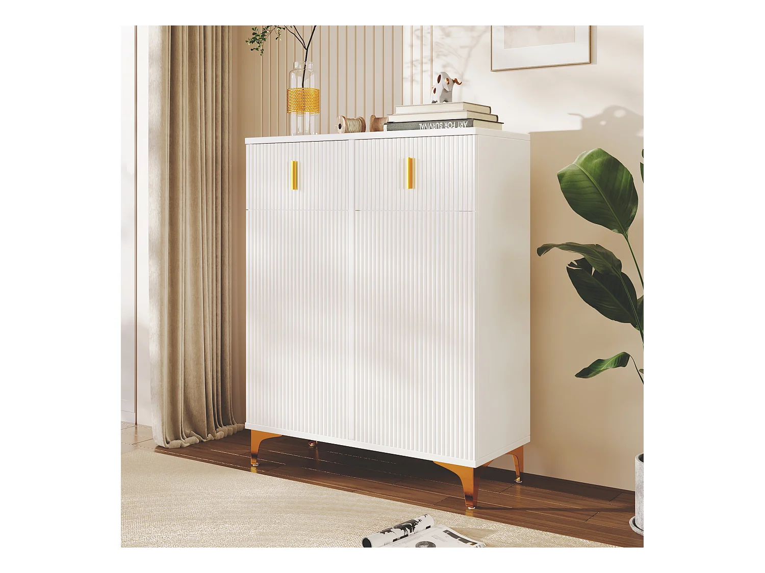 Buffet blanc 83x35x101cm avec 2 portes et 2 tiroirs, poigneés et pieds en métal doré