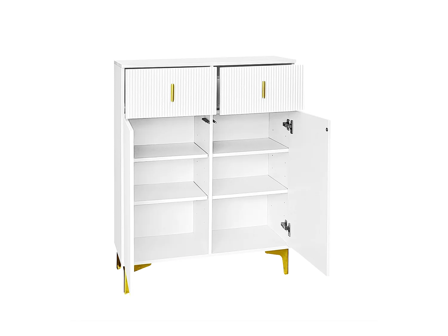 Buffet blanc 83x35x101cm avec 2 portes et 2 tiroirs, poigneés et pieds en métal doré