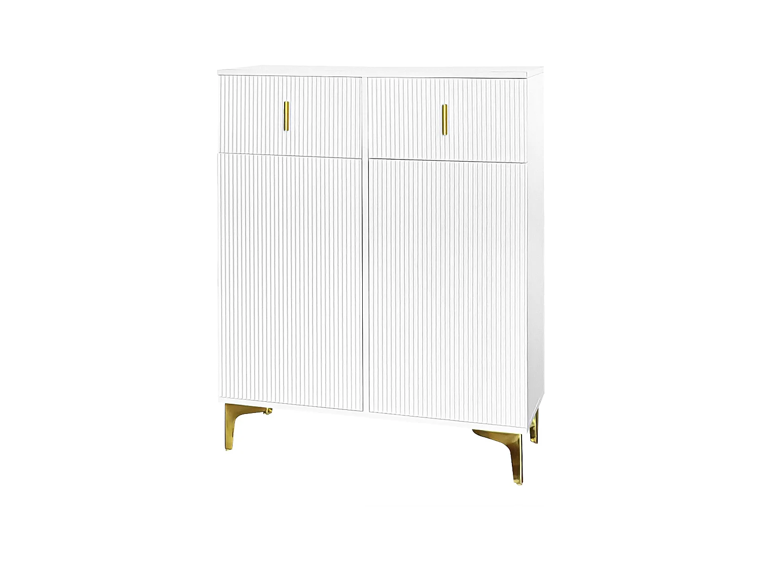 Buffet blanc 83x35x101cm avec 2 portes et 2 tiroirs, poigneés et pieds en métal doré