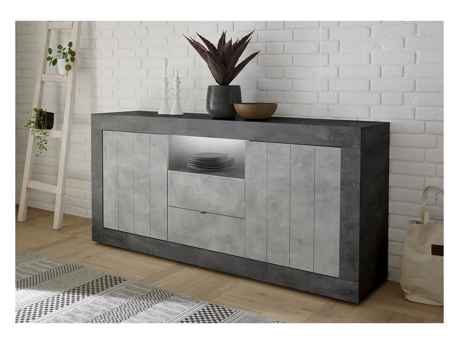 Madia per soggiorno design moderno due ante e due cassetti 184x86 ML45 ossido e cemento