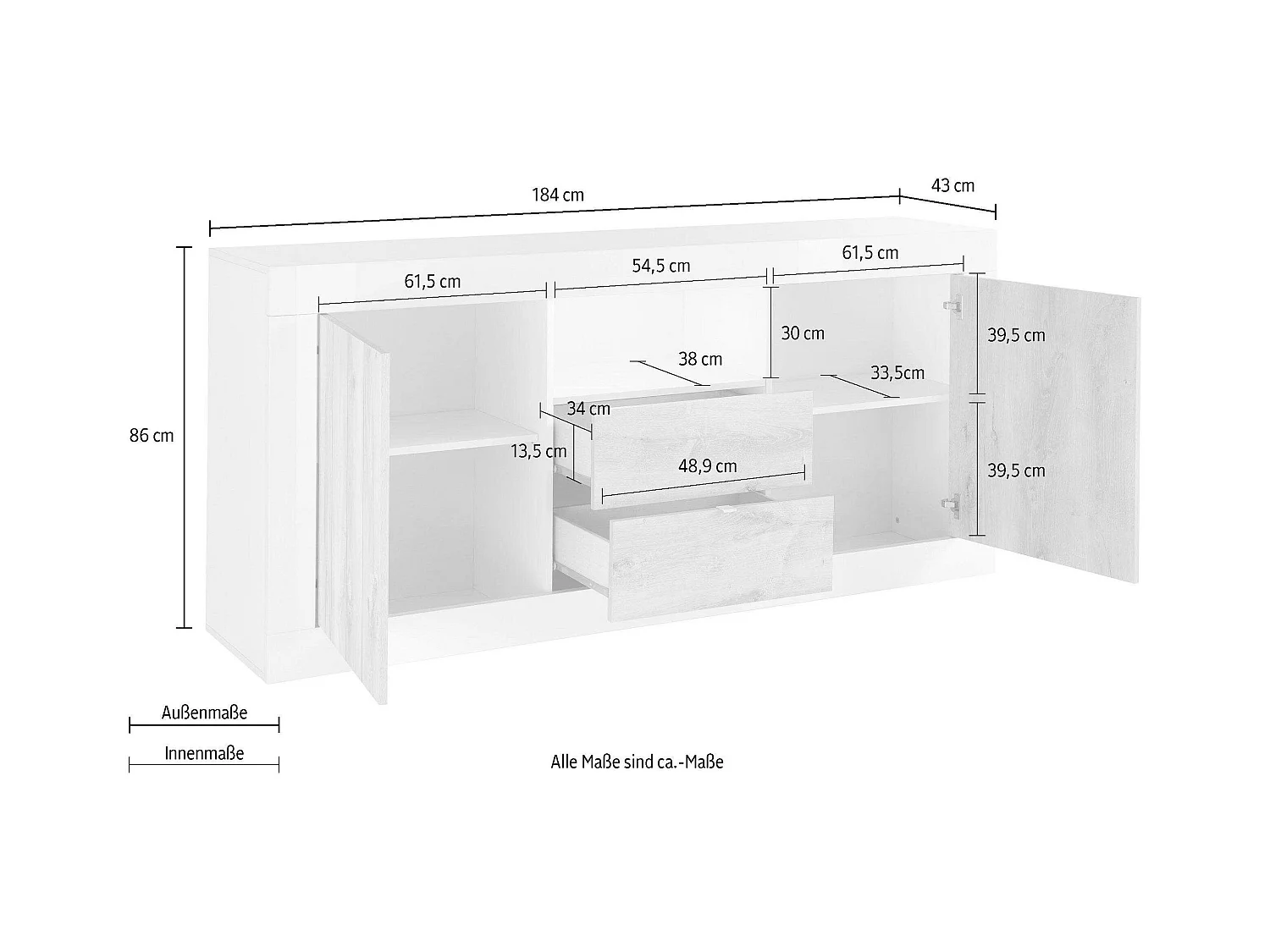 Madia per soggiorno design moderno due ante e due cassetti 184x86 ML45 ossido e cemento