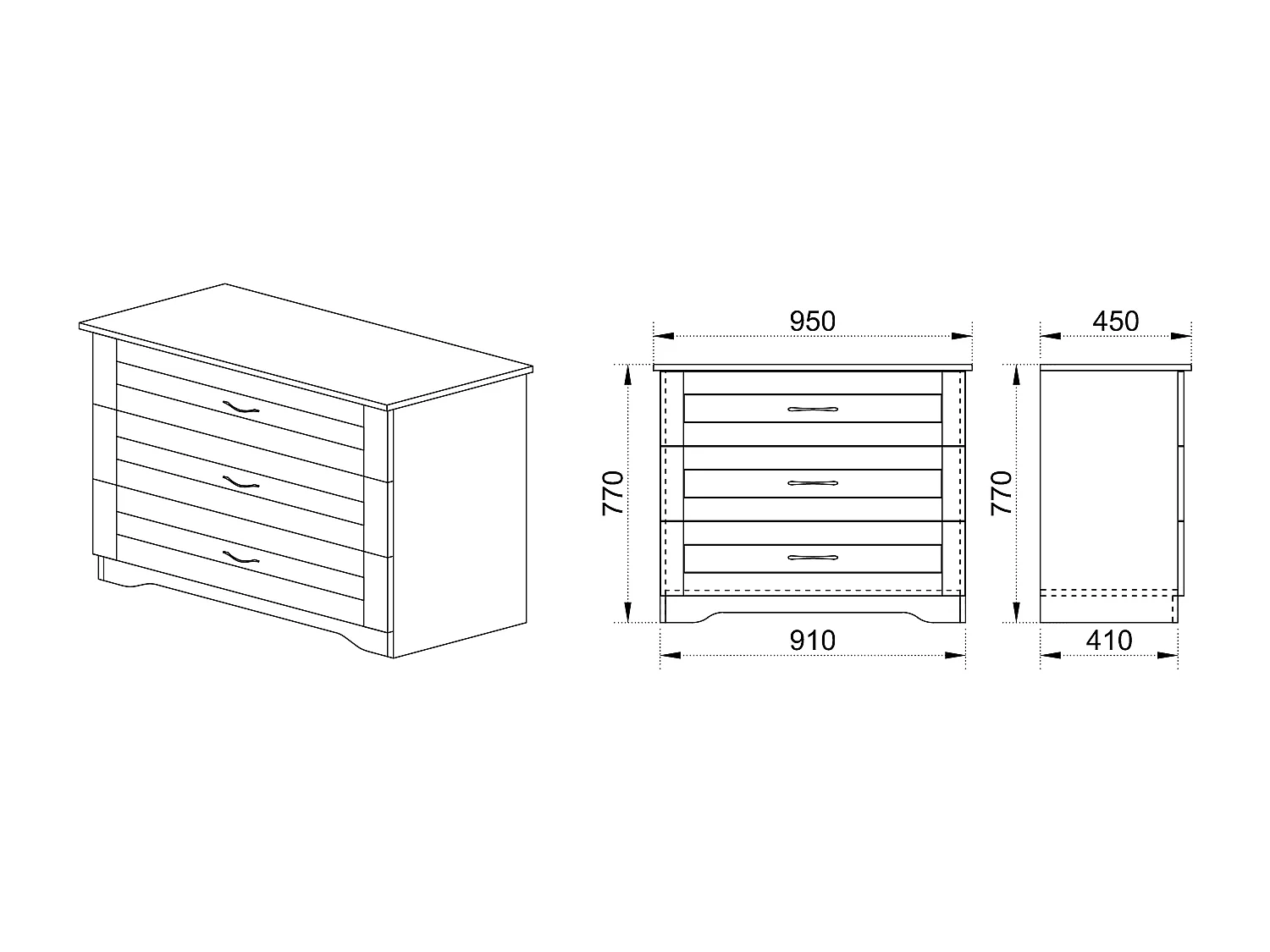Madia classica da sala con tre cassetti rifinitura elegante 95x77 bianco MI11