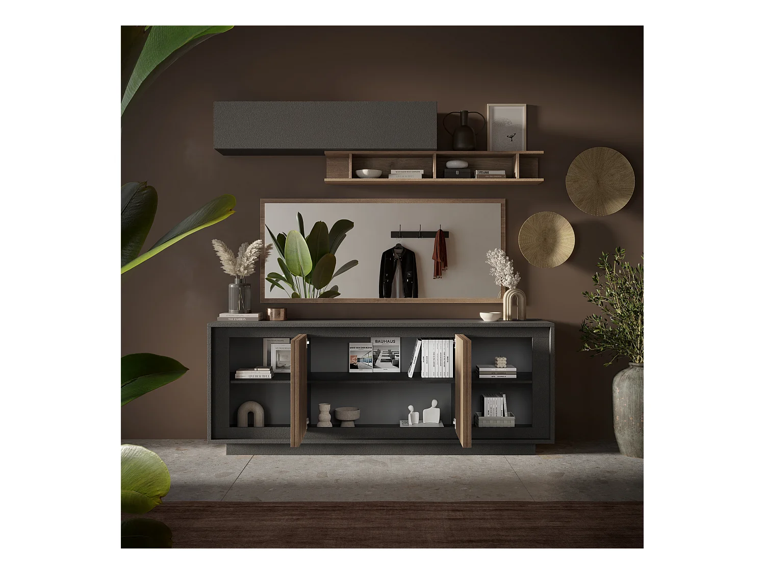 Madia moderna a 4 ante 207x80 cm grafite e rovere scuro ML56