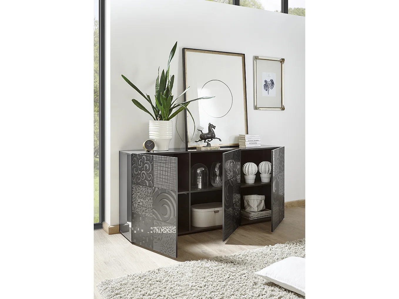 Madia design moderno per living con tre ante battenti serigrafato 181x84 ML36 grigio lucido