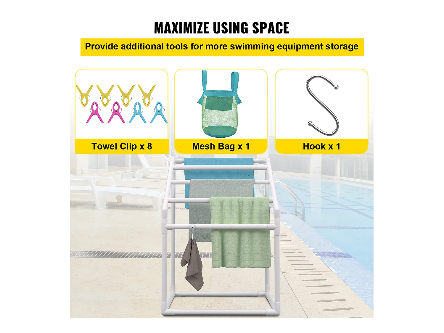 Porte-serviettes, SucceBuy Porte-serviettes d'Extérieur 5 Barres Trapézoïdal Blanc Autoportant pour Piscine