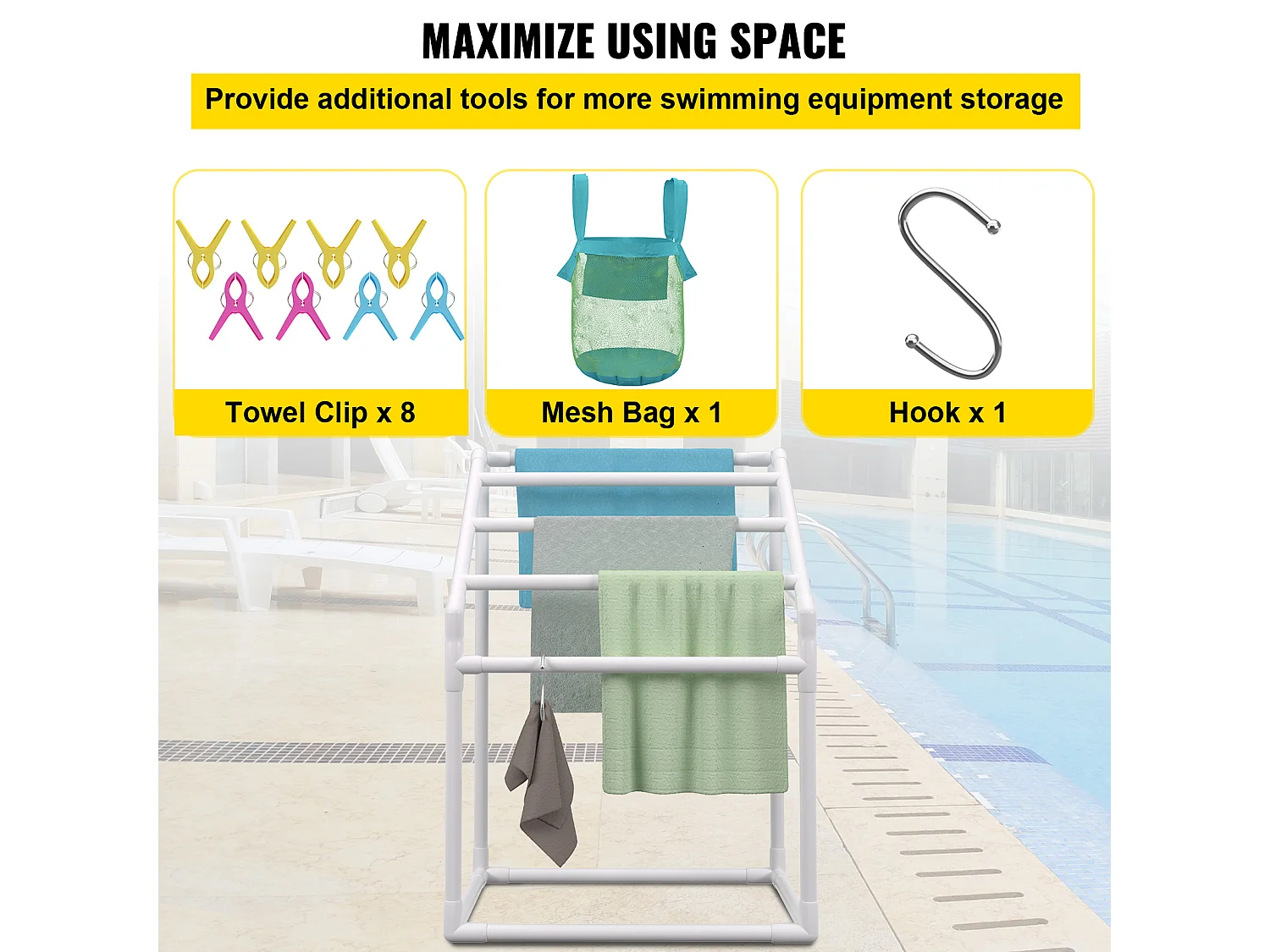 Porte-serviettes, SucceBuy Porte-serviettes d'Extérieur 5 Barres Trapézoïdal Blanc Autoportant pour Piscine