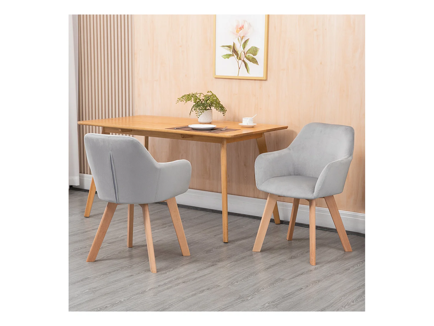 Lot de 2 chaise avec accoudoirs en velours gris, 4 pieds en bois
