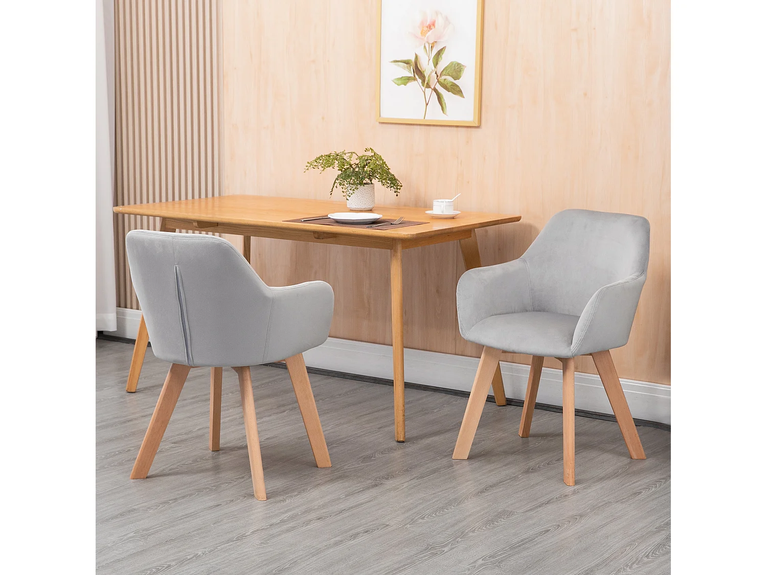 Set van 2 stoelen met grijze fluwelen armleuningen, 4 houten poten
