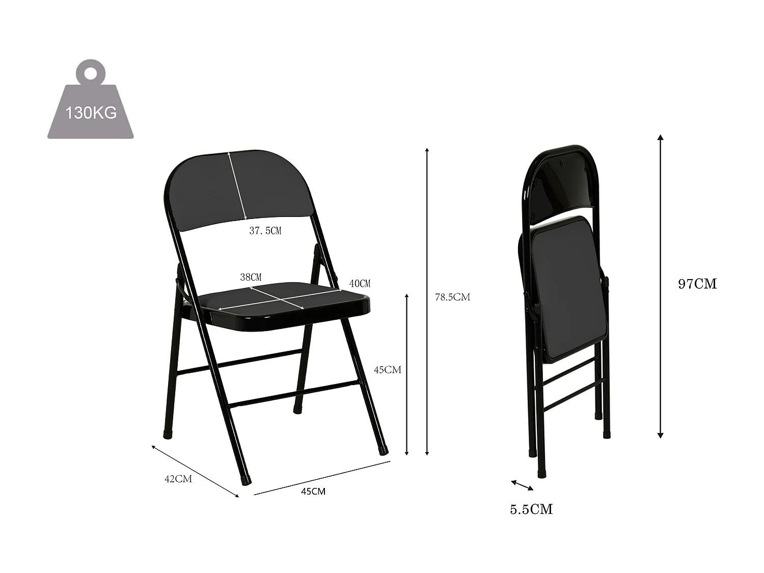 Hooma - Lot de 6 chaises pliantes confortables rembourrées en PVC - Noir