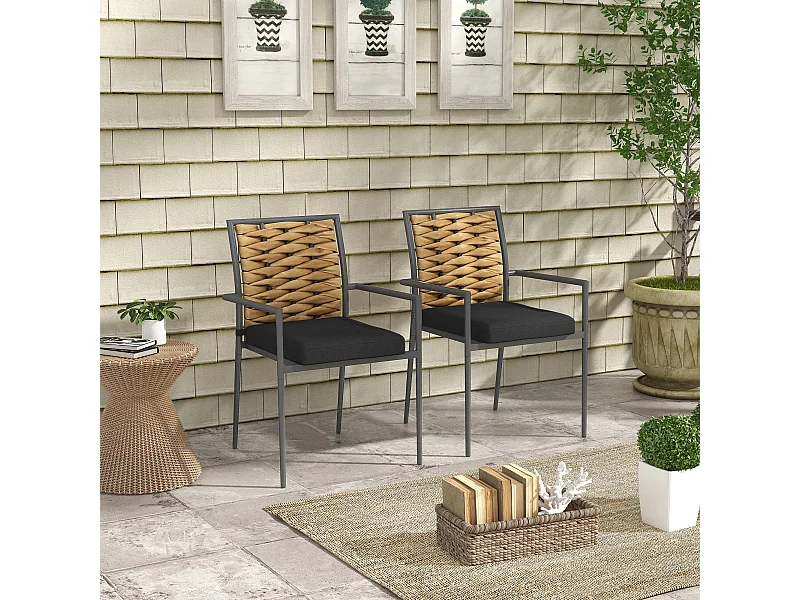 Set di 2 sedie con braccioli, schienale in rattan, struttura in acciaio con cuscino imbottito sfoderabile, nero