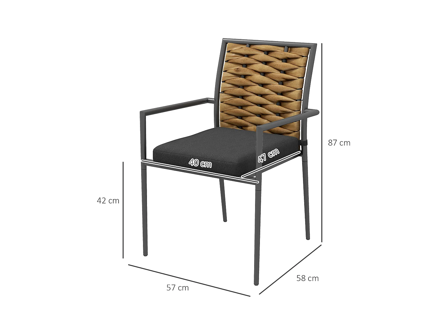 Lot de 2 chaises avec accoudoirs, dossier en rotin, cadre en acier avec coussinet rembourré amovible, noir