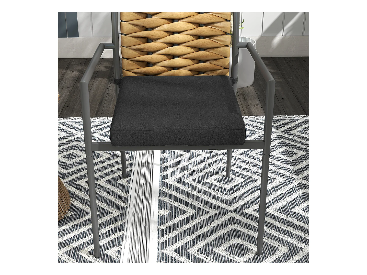 Lot de 2 chaises avec accoudoirs, dossier en rotin, cadre en acier avec coussinet rembourré amovible, noir