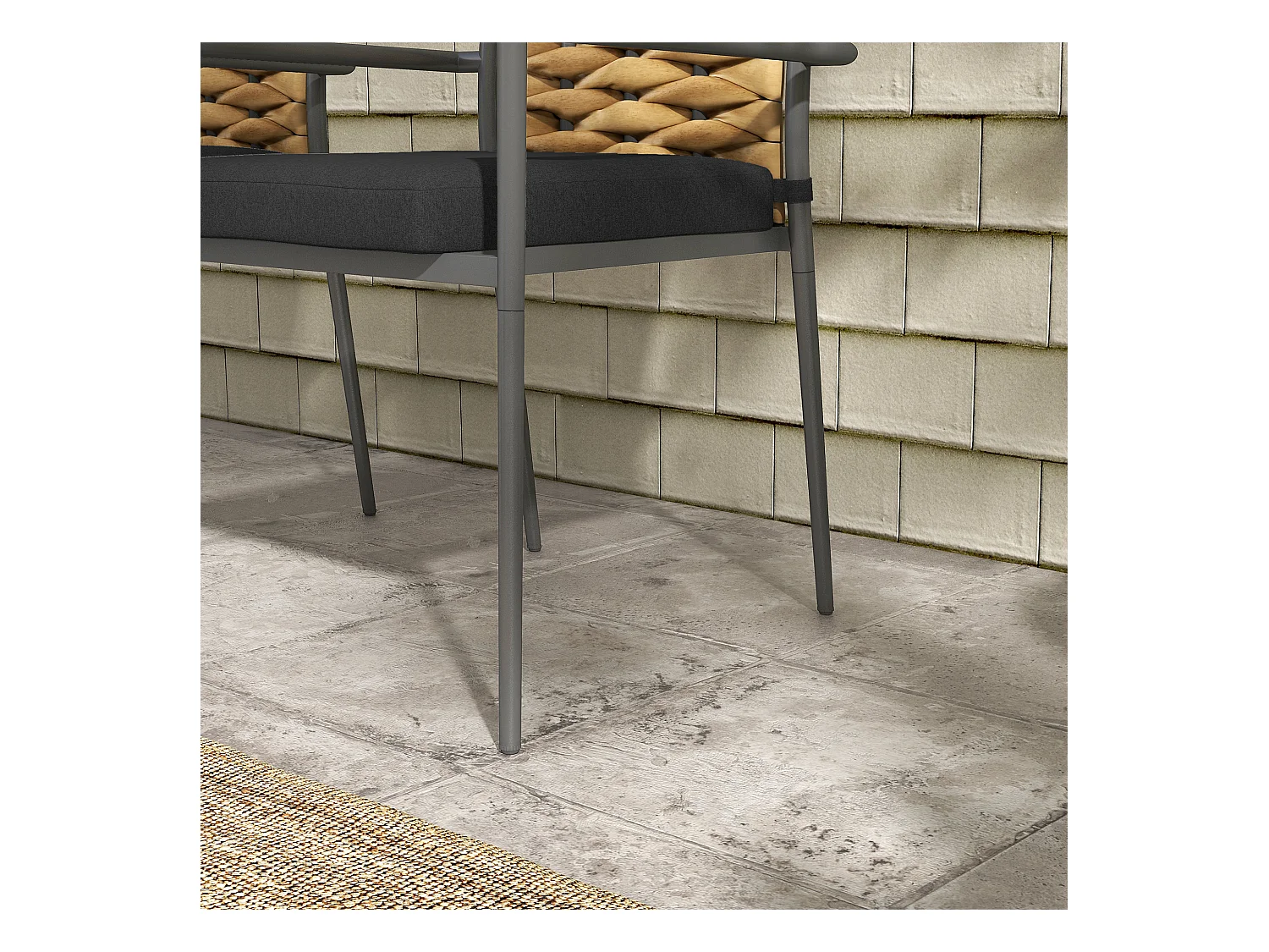 Lot de 2 chaises avec accoudoirs, dossier en rotin, cadre en acier avec coussinet rembourré amovible, noir