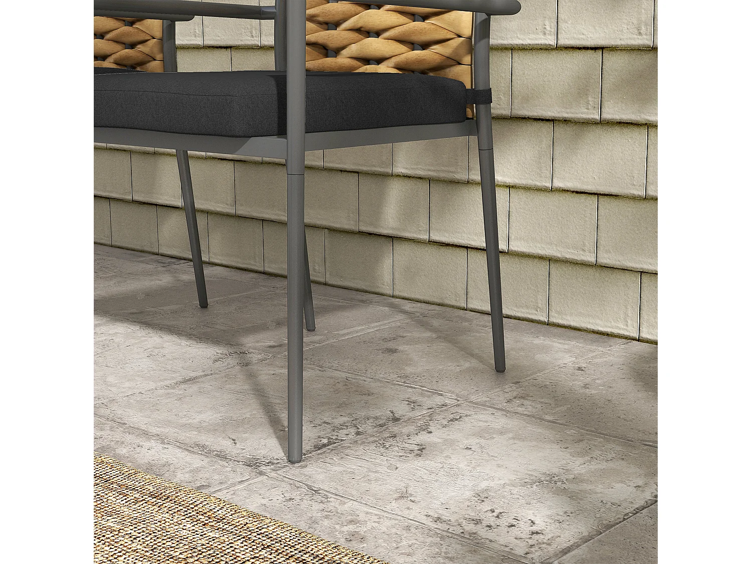 Set van 2 stoelen met armleuningen, rotan rugleuning, stalen frame met afneembaar gewatteerd kussen, zwart