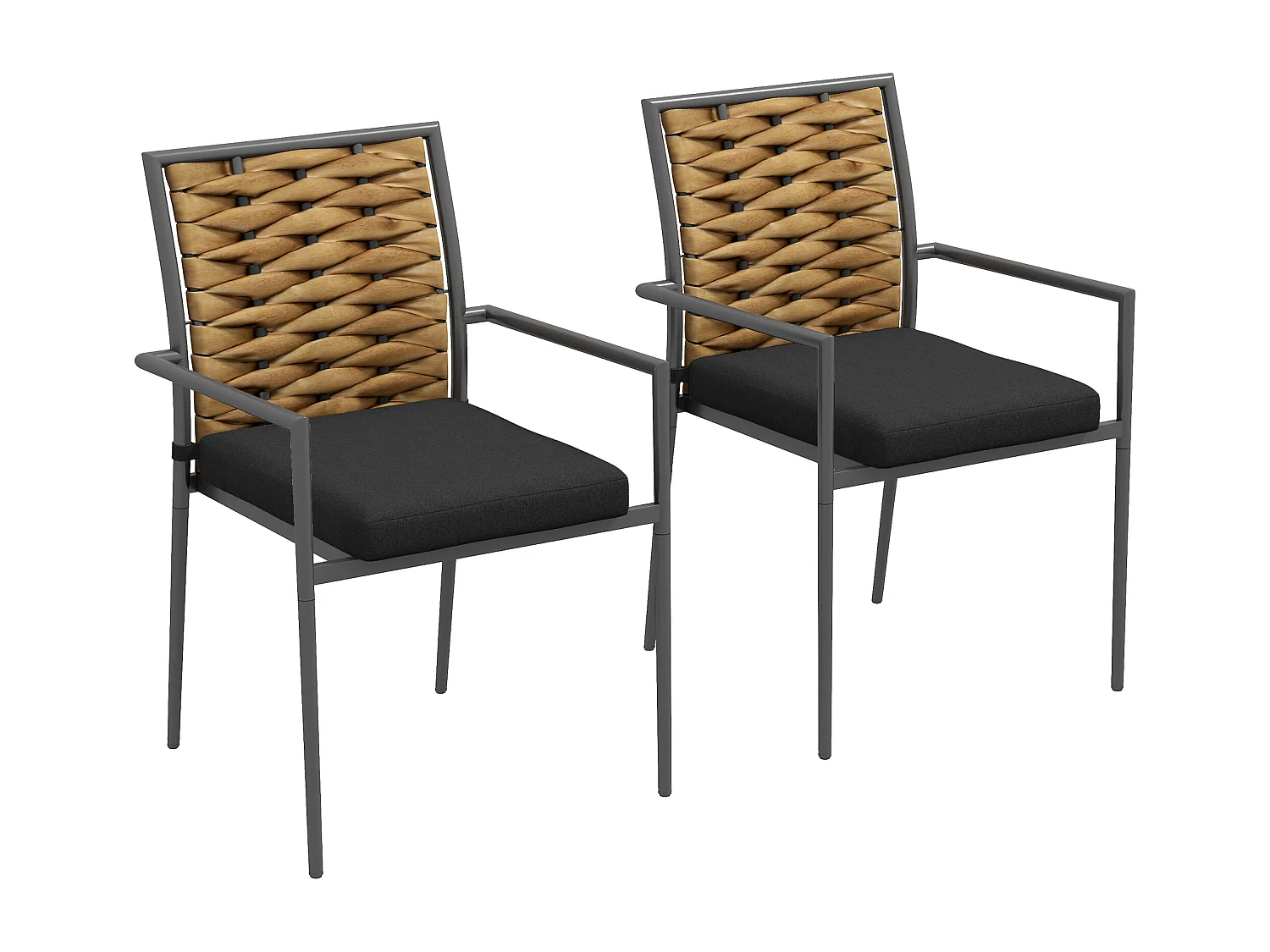 Lot de 2 chaises avec accoudoirs, dossier en rotin, cadre en acier avec coussinet rembourré amovible, noir