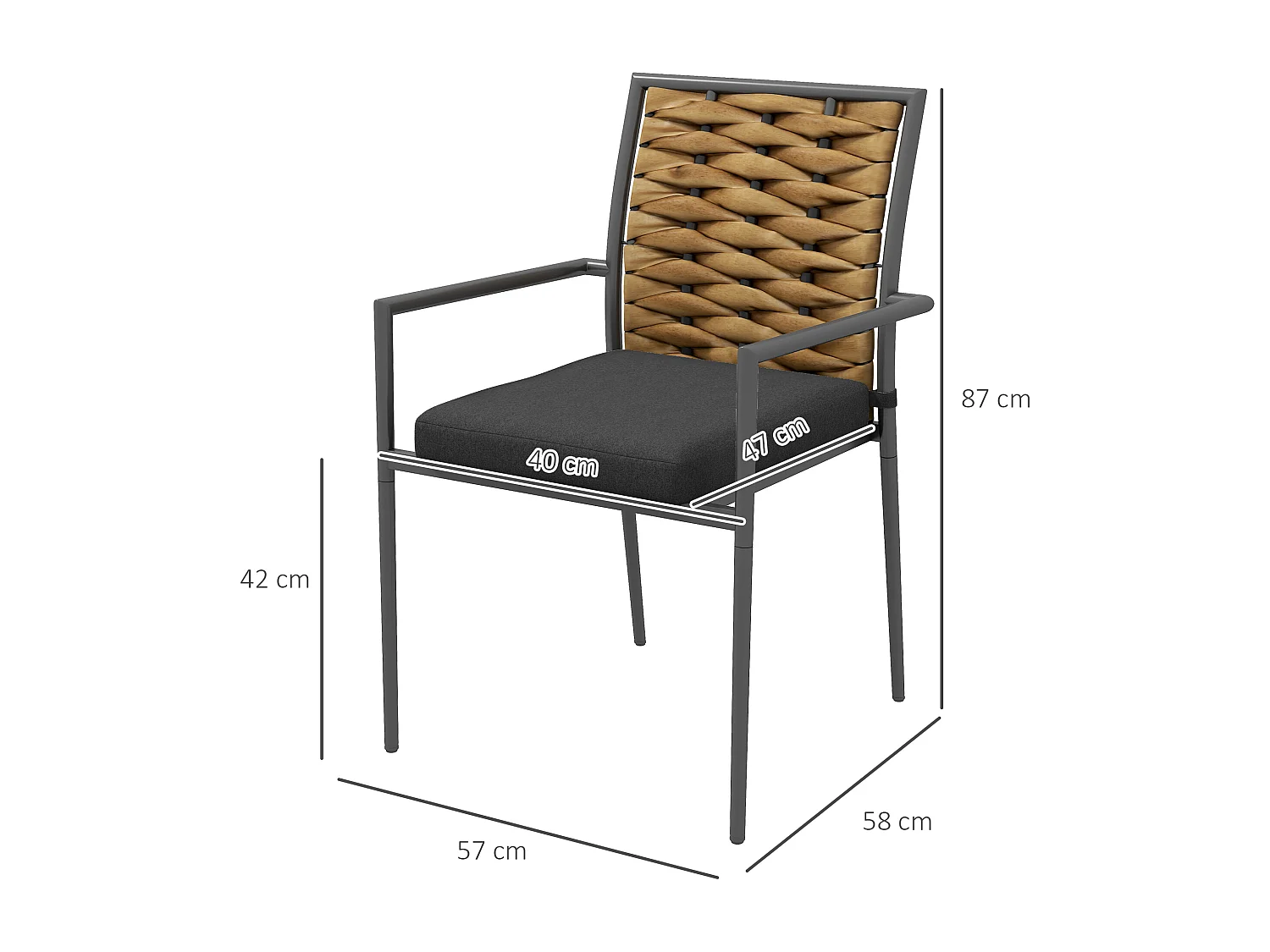 Lot de 2 chaises avec accoudoirs, dossier en rotin, cadre en acier avec coussinet rembourré amovible, noir