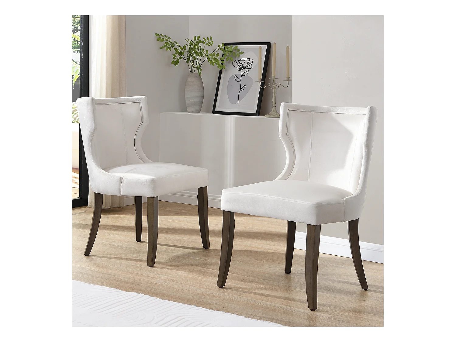 Lot de 2 chaises de cuisine, tissu en velours, pieds en bois brun, beige blanc