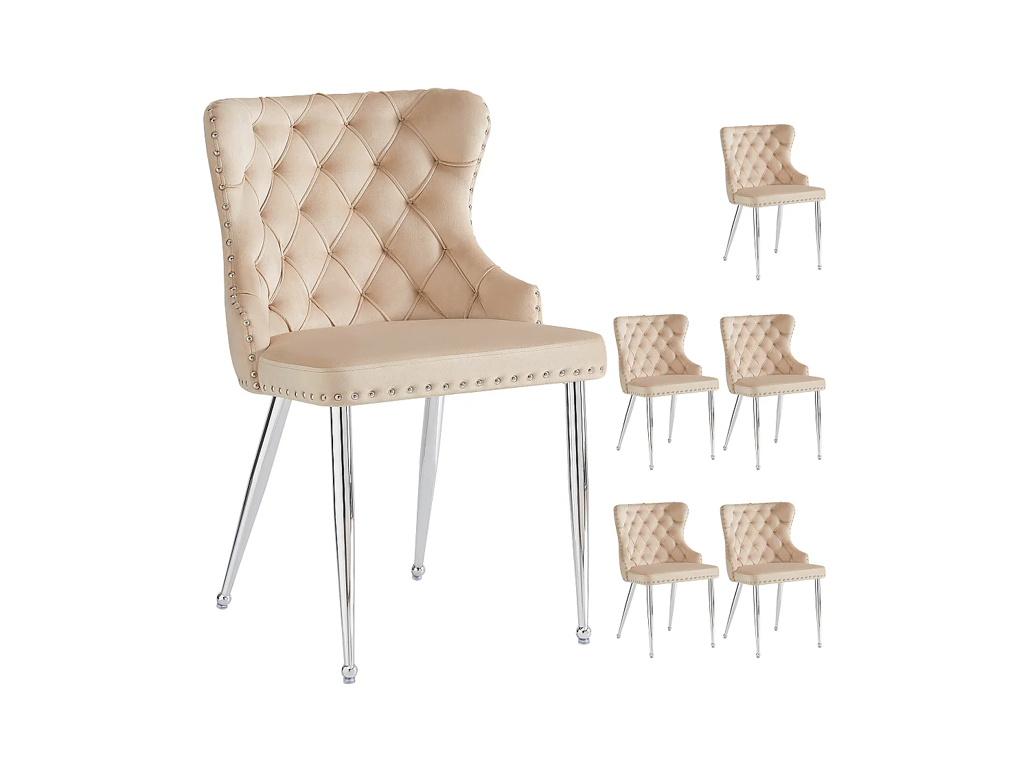 Lot de 6 chaises de salle à manger - 54 x 54 x 85.5 cm - chaise de maquillage - pieds argentés réglables - velours - beige