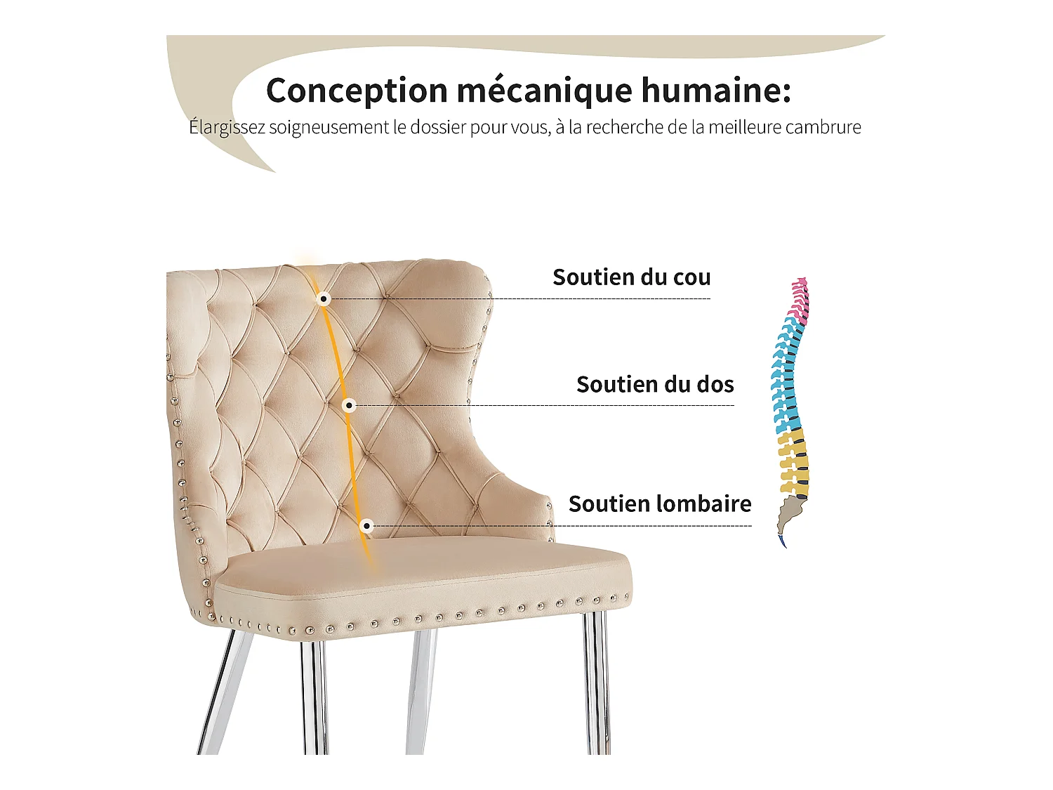 Lot de 6 chaises de salle à manger - 54 x 54 x 85.5 cm - chaise de maquillage - pieds argentés réglables - velours - beige