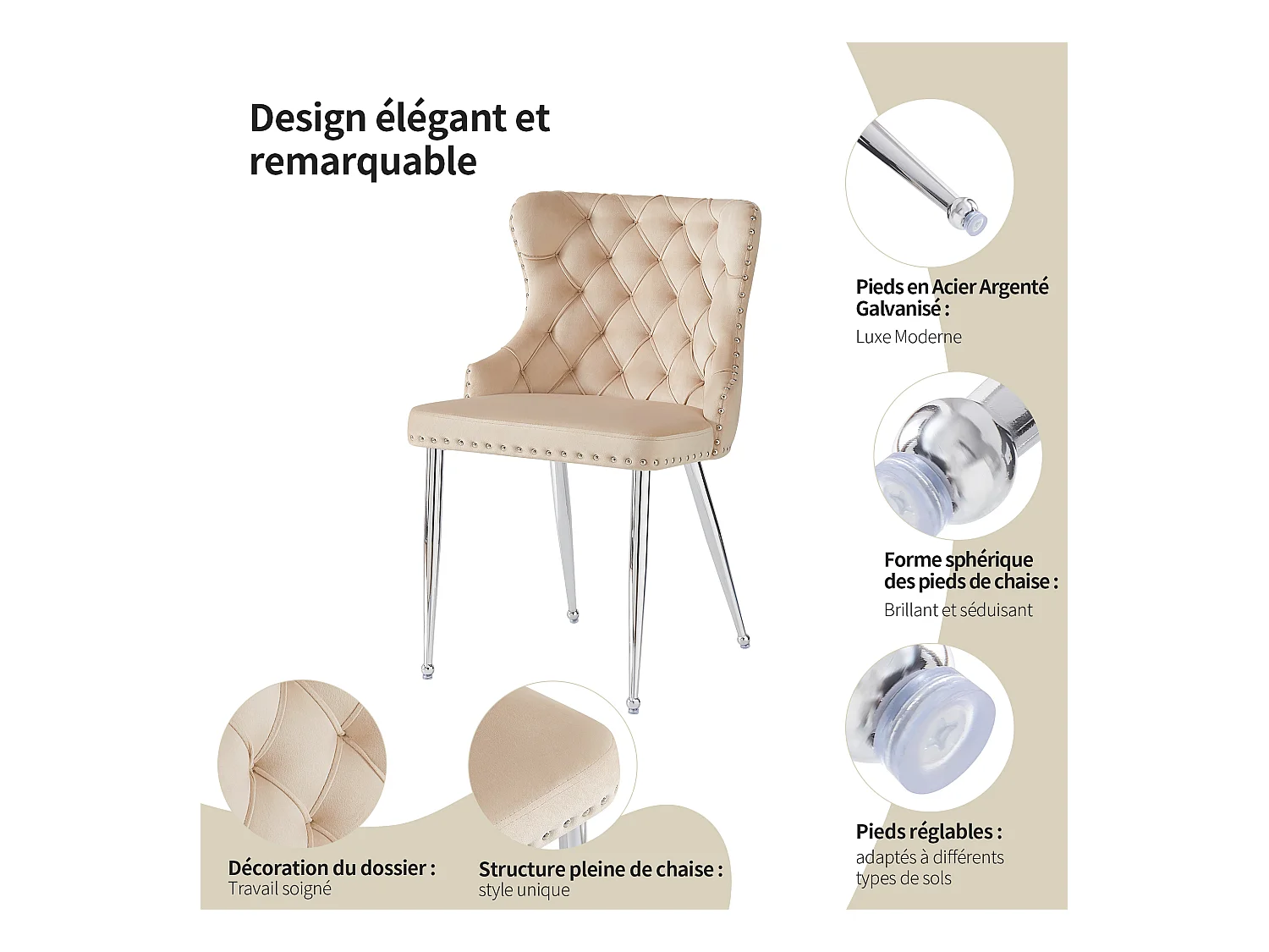 Lot de 6 chaises de salle à manger - 54 x 54 x 85.5 cm - chaise de maquillage - pieds argentés réglables - velours - beige