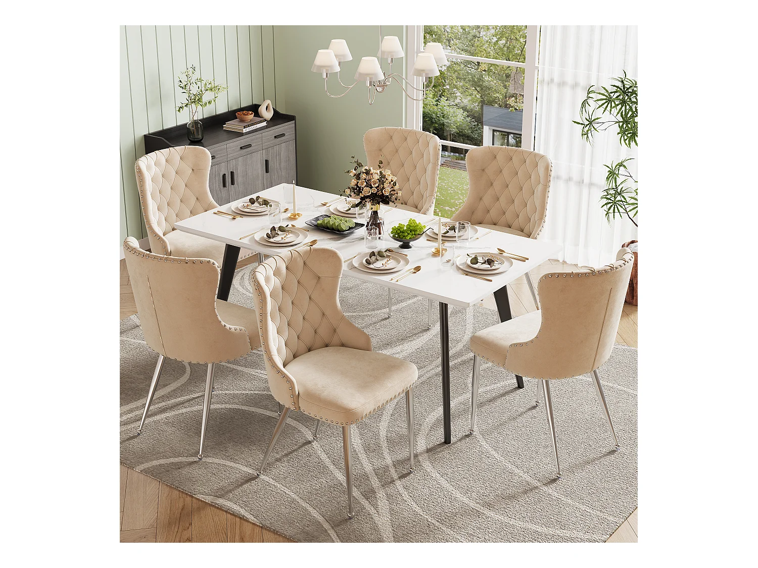 6er Set Esszimmerstühle - 54 x 54 x 85,5 cm - Schminkstuhl - verstellbare silberne Beine - Samt - Beige