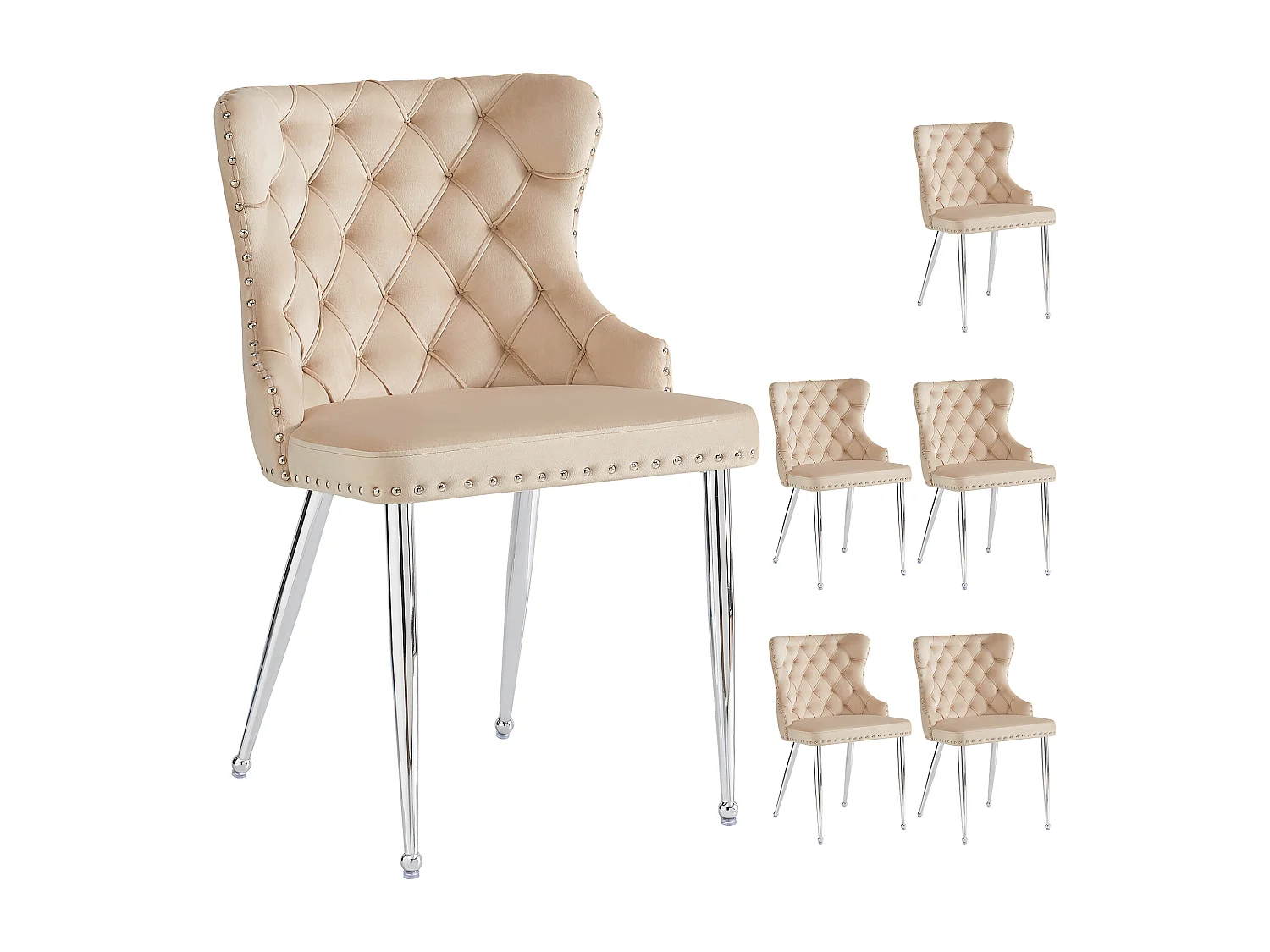 Set van 6 eetkamerstoelen - 54 x 54 x 85,5 cm - make-up stoel - verstelbare zilveren poten - fluweel - beige