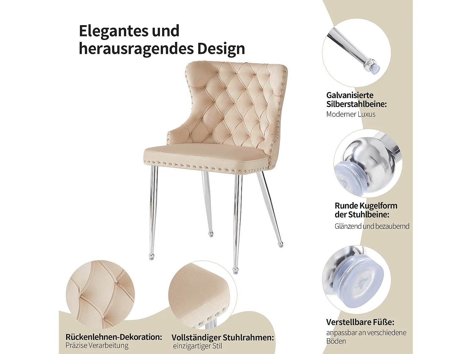 Set van 6 eetkamerstoelen - 54 x 54 x 85,5 cm - make-up stoel - verstelbare zilveren poten - fluweel - beige