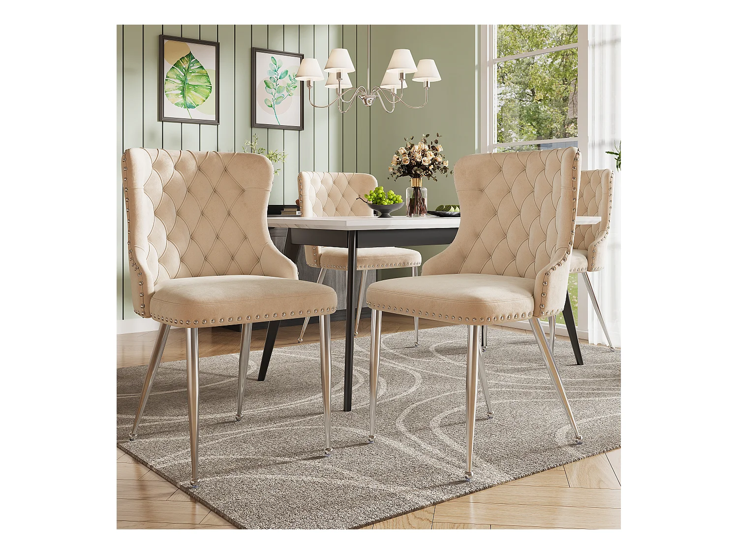 4er Set Esszimmerstühle - 54 x 54 x 85,5 cm - Schminkstuhl - verstellbare silberne Beine - Samt - Beige