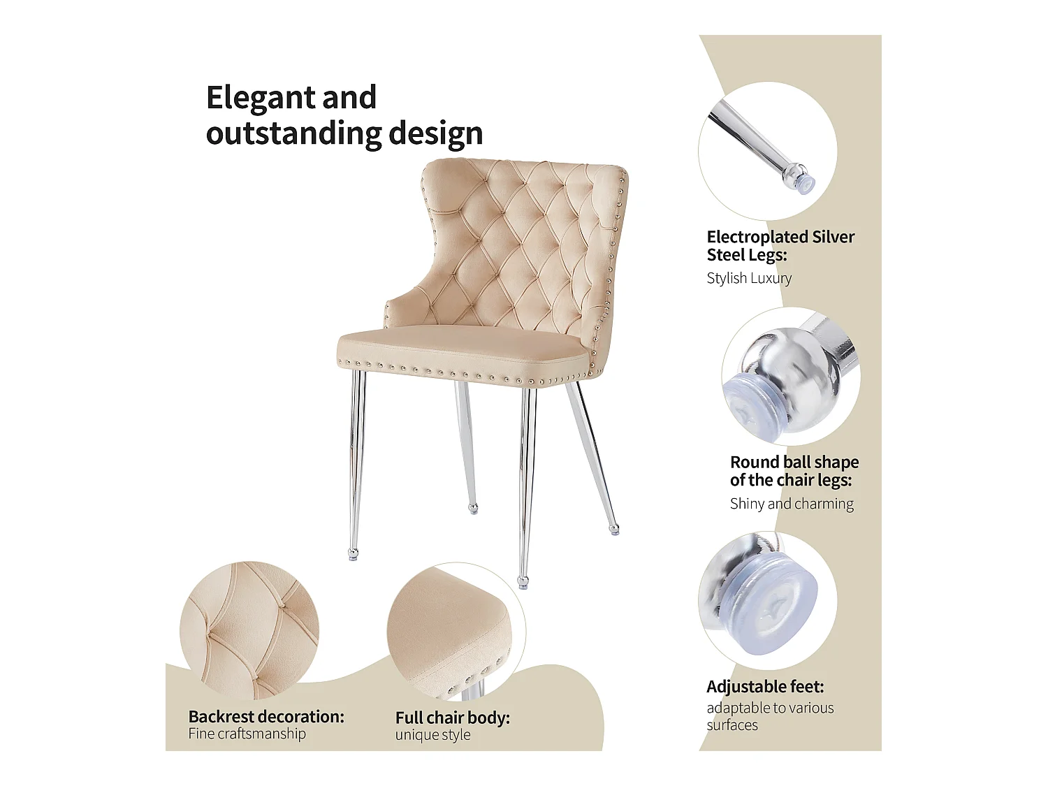 Lot de 4 chaises de salle à manger - 54 x 54 x 85.5 cm - chaise de maquillage - pieds argentés réglables - velours - beige