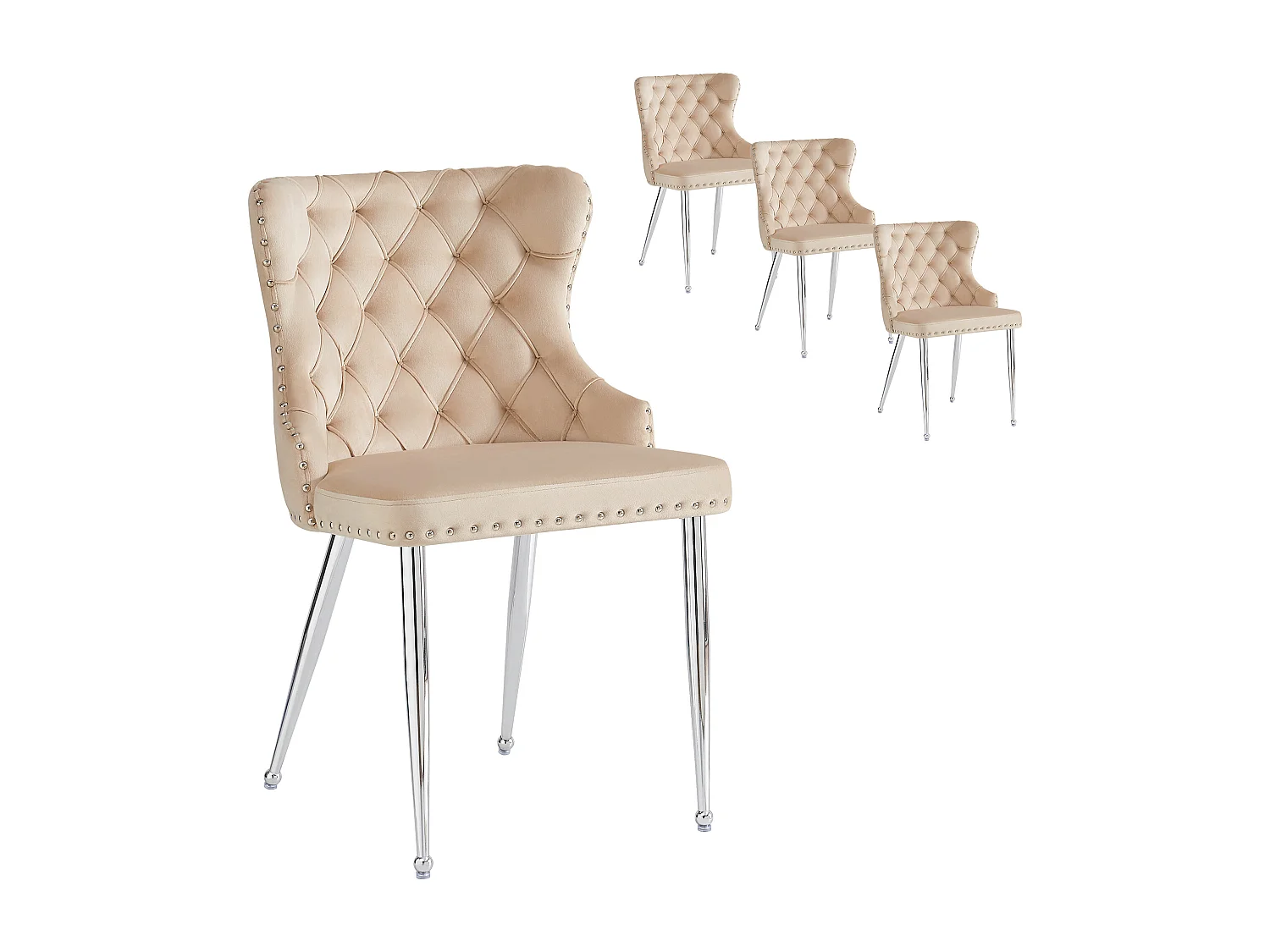 Lot de 4 chaises de salle à manger - 54 x 54 x 85.5 cm - chaise de maquillage - pieds argentés réglables - velours - beige
