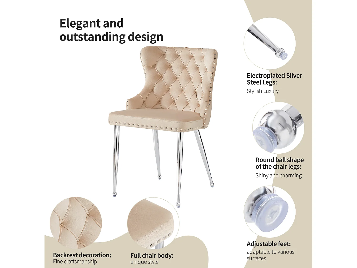 Lot de 4 chaises de salle à manger - 54 x 54 x 85.5 cm - chaise de maquillage - pieds argentés réglables - velours - beige