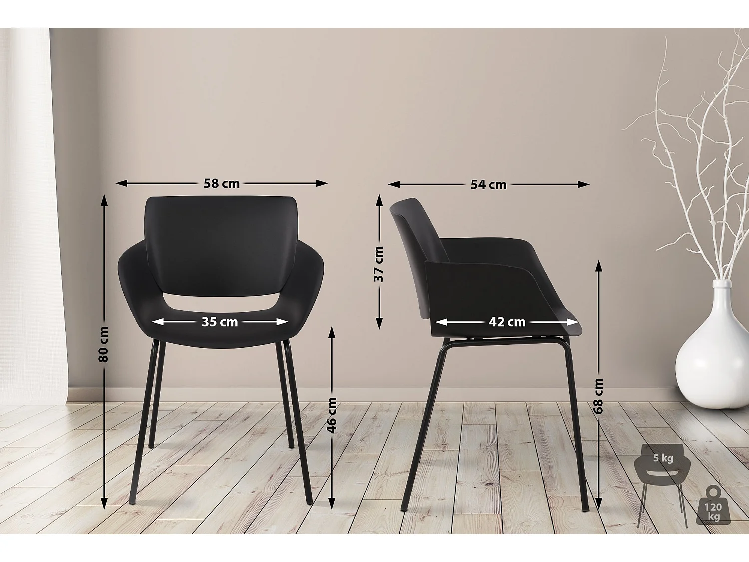 Lot de 2  chaise salle à manger - Plastique - Noir - Alpena