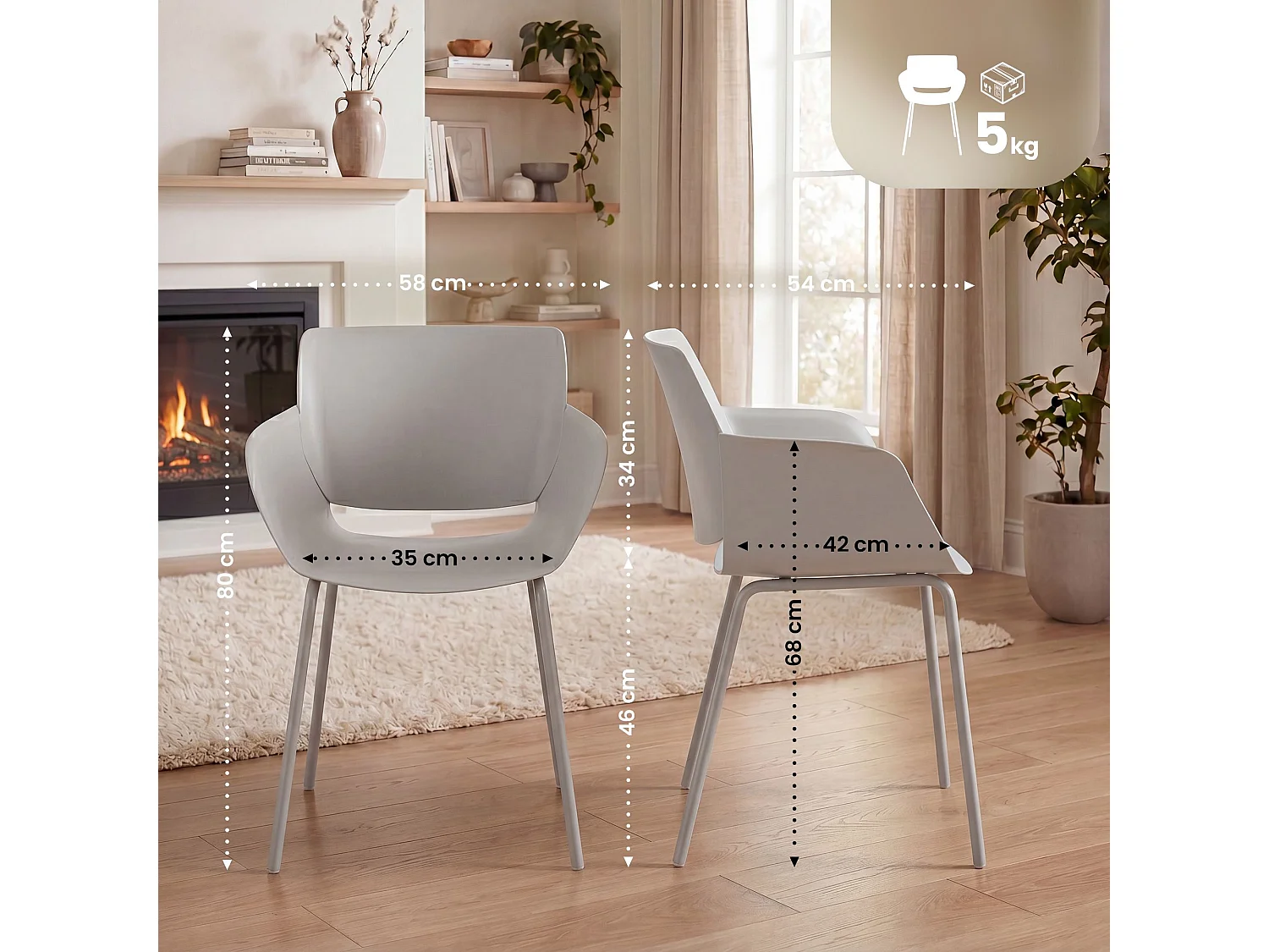 Lot de 2  chaise salle à manger - Plastique - Gris clair - Alpena
