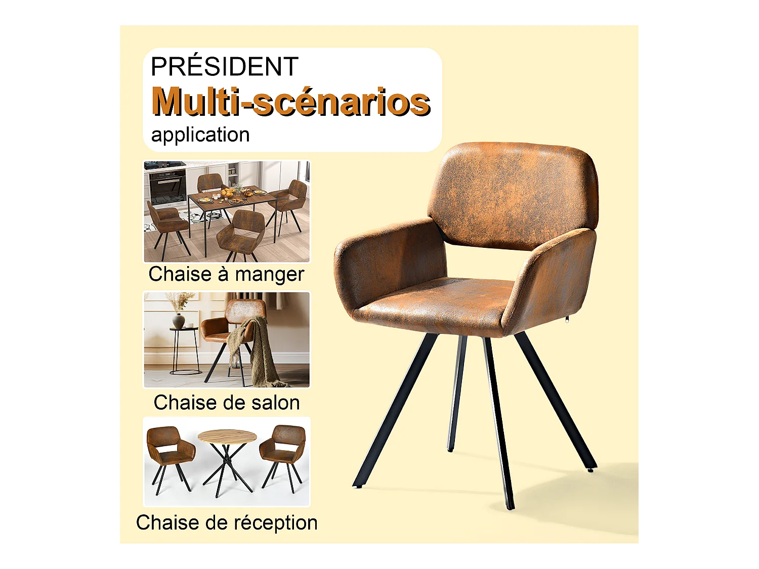 URBAN MEUBLE Lot de 4 chaises de salle à manger vintage pivotant tissu suède marron