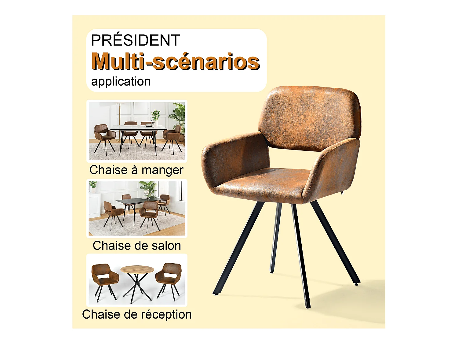 URBAN MEUBLE Lot de 4 chaises de salle à manger vintage pivotant tissu suède marron