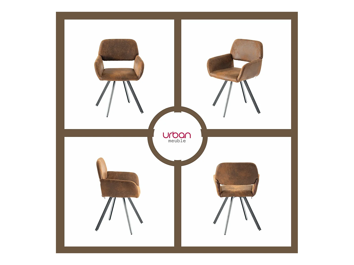 URBAN MEUBLE Lot de 4 chaises de salle à manger vintage pivotant tissu suède marron