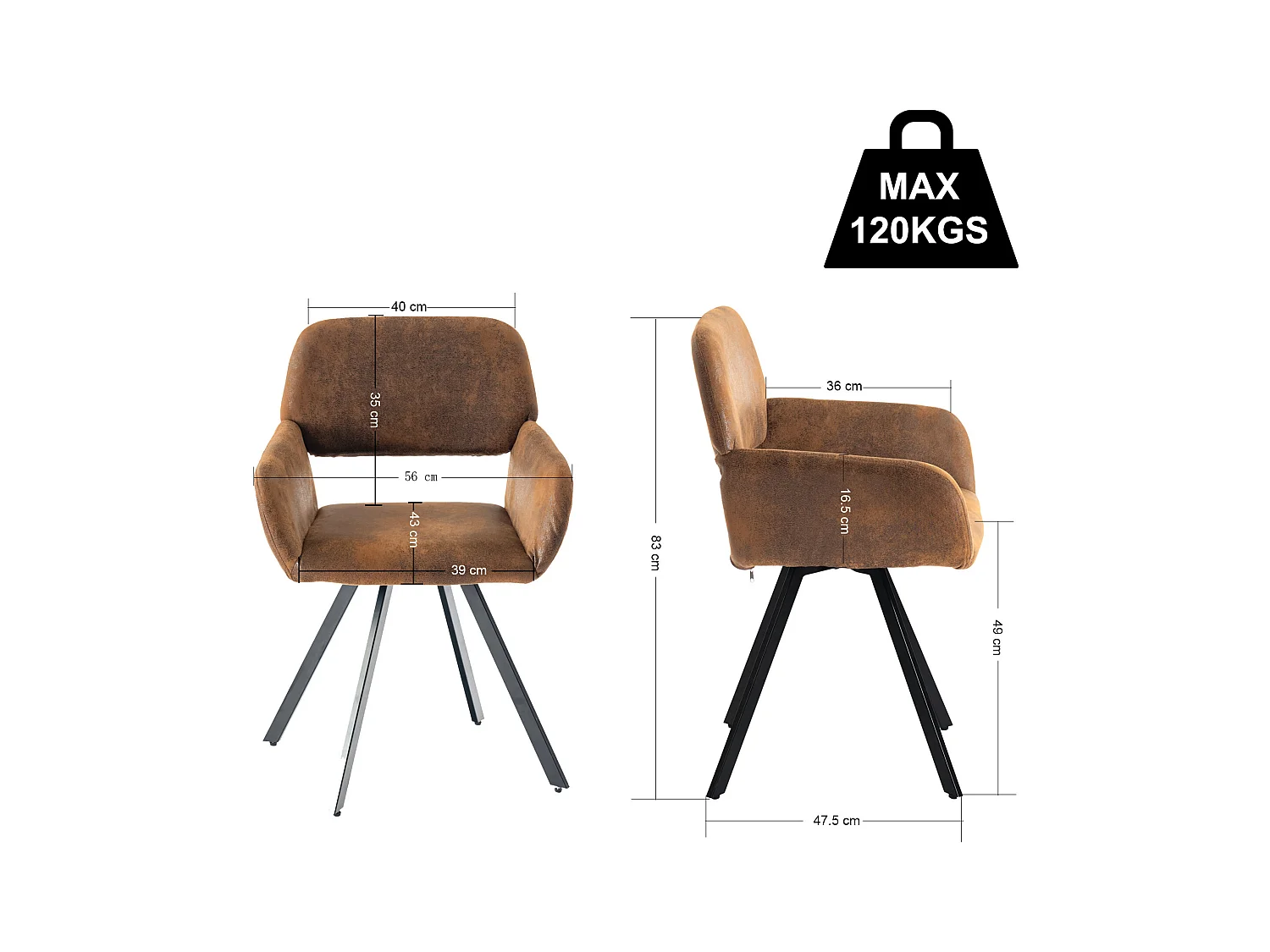 URBAN MEUBLE Lot de 4 chaises de salle à manger vintage pivotant tissu suède marron