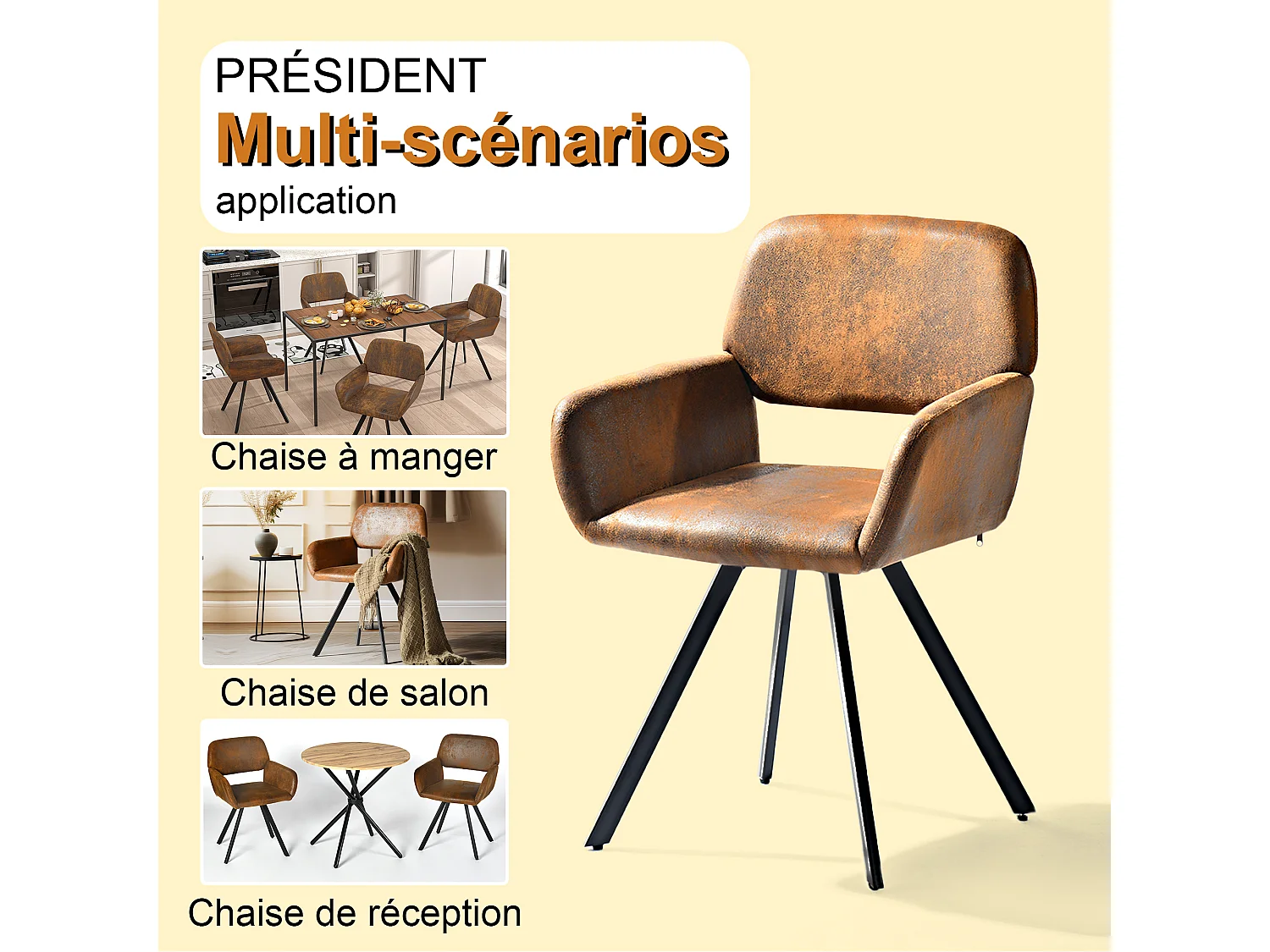 URBAN MEUBLE Lot de 4 chaises de salle à manger vintage pivotant tissu suède marron