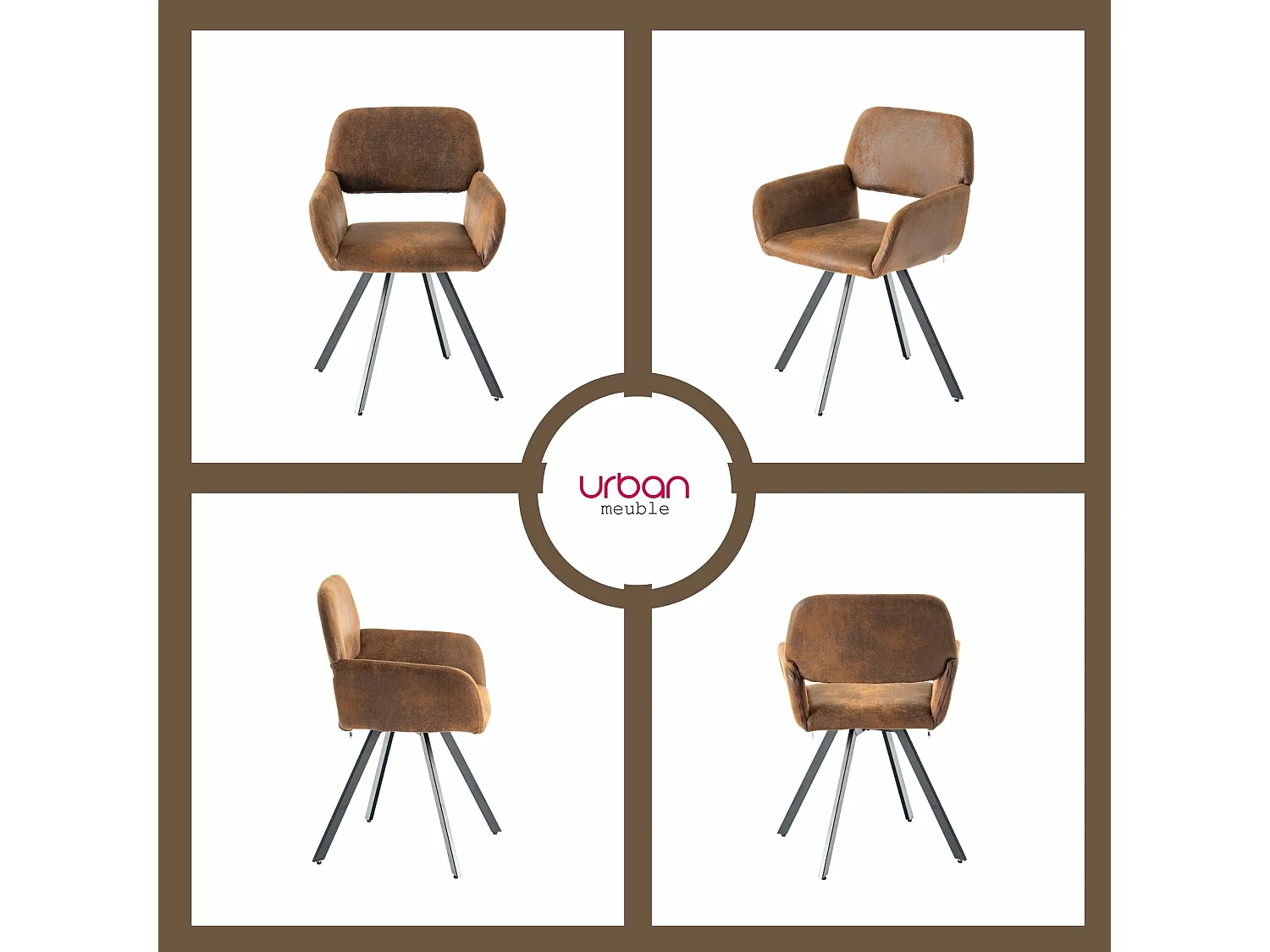 URBAN MEUBLE Lot de 4 chaises de salle à manger vintage pivotant tissu suède marron