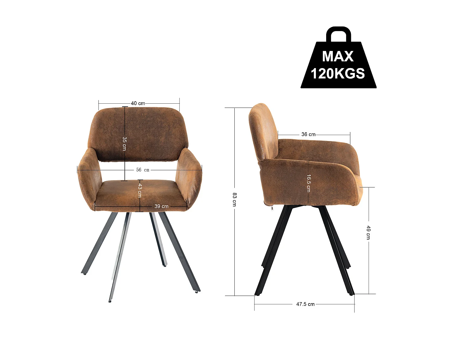 URBAN MEUBLE Lot de 4 chaises de salle à manger vintage pivotant tissu suède marron