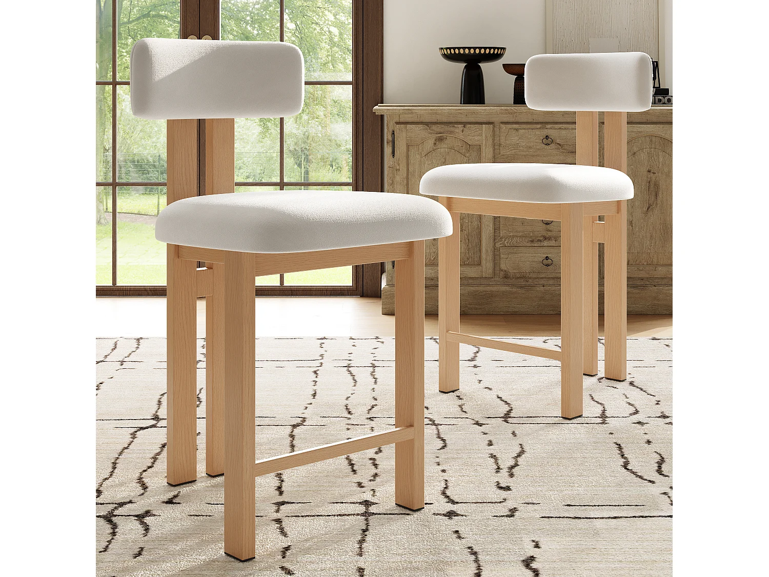 Lot de 2 chaises de cuisine, tissu en polaire, pieds fer en placage woodgrain, blanc - 51x50x96.5cm