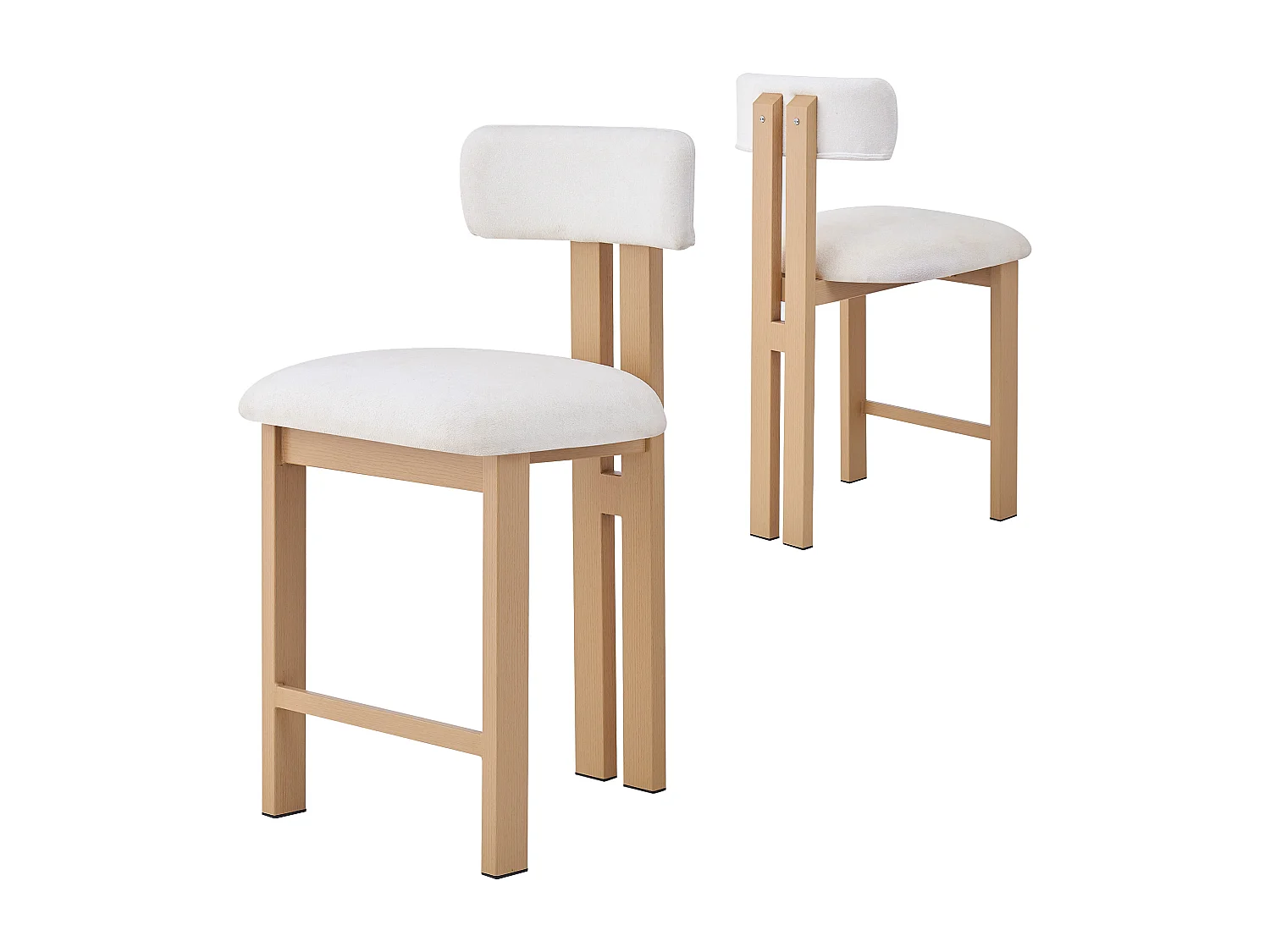 Lot de 2 chaises de cuisine, tissu en polaire, pieds fer en placage woodgrain, blanc - 51x50x96.5cm