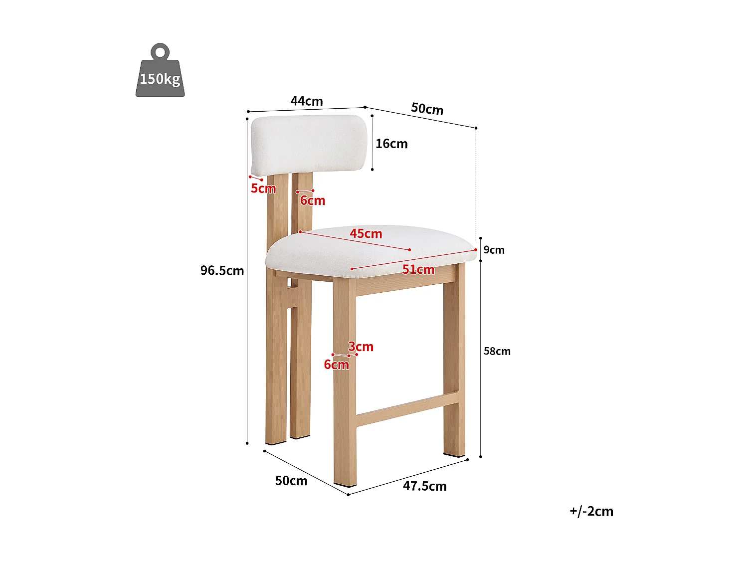 Lot de 2 chaises de cuisine, tissu en polaire, pieds fer en placage woodgrain, blanc - 51x50x96.5cm
