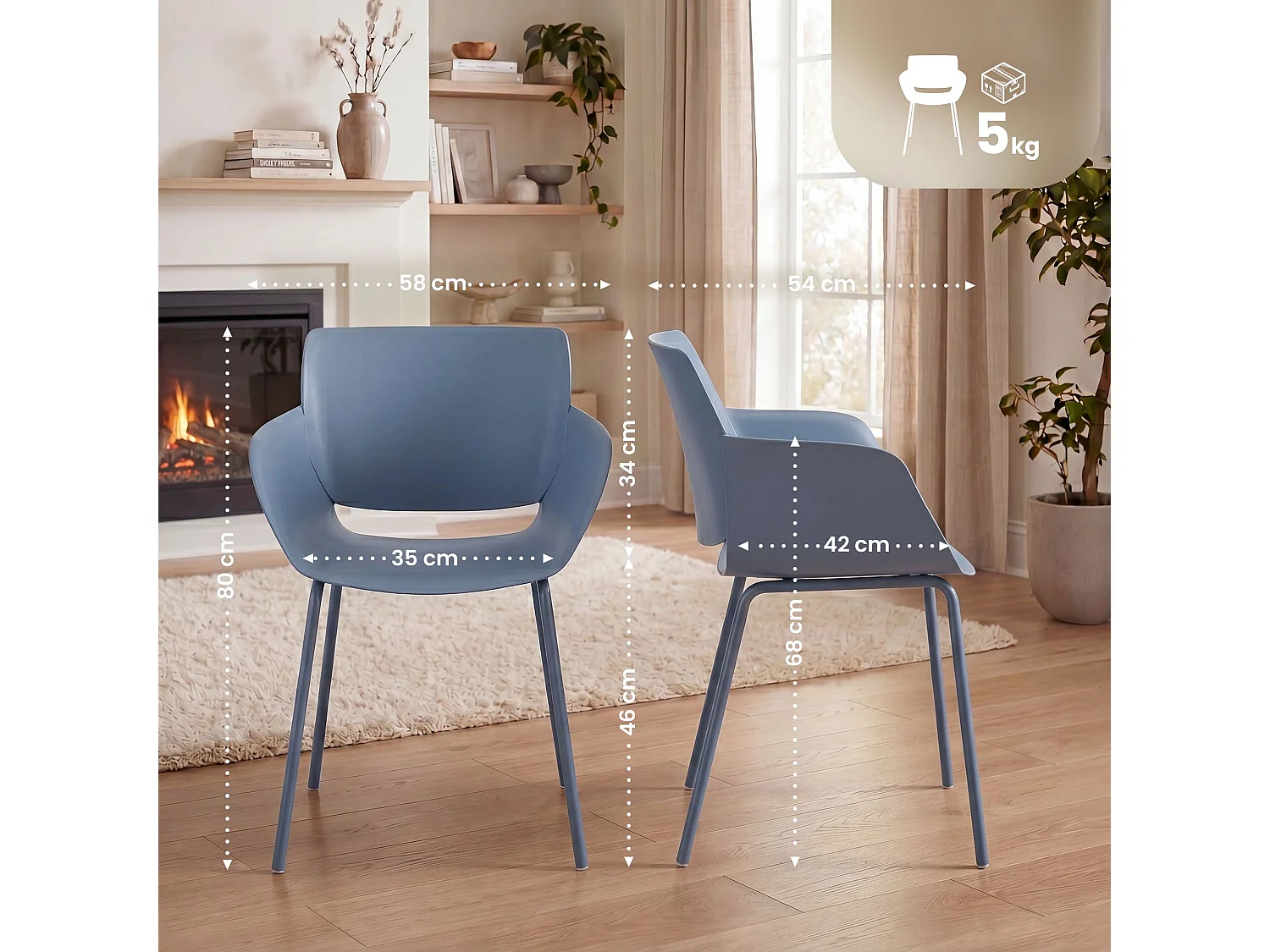 Lot de 2  chaise salle à manger - Plastique - Bleu - Alpena