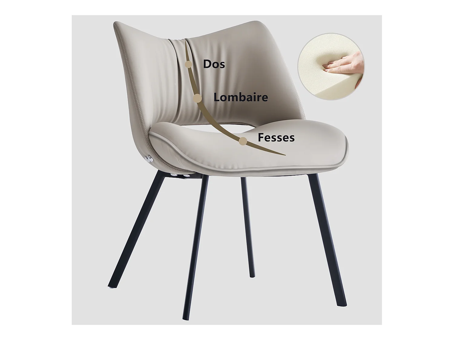 Set de 2 chaises de salle à manger en simili cuir Mid-Century, avec coussin doux et pieds en métal, idéales pour le salon et la salle à manger, couleur sable (2)