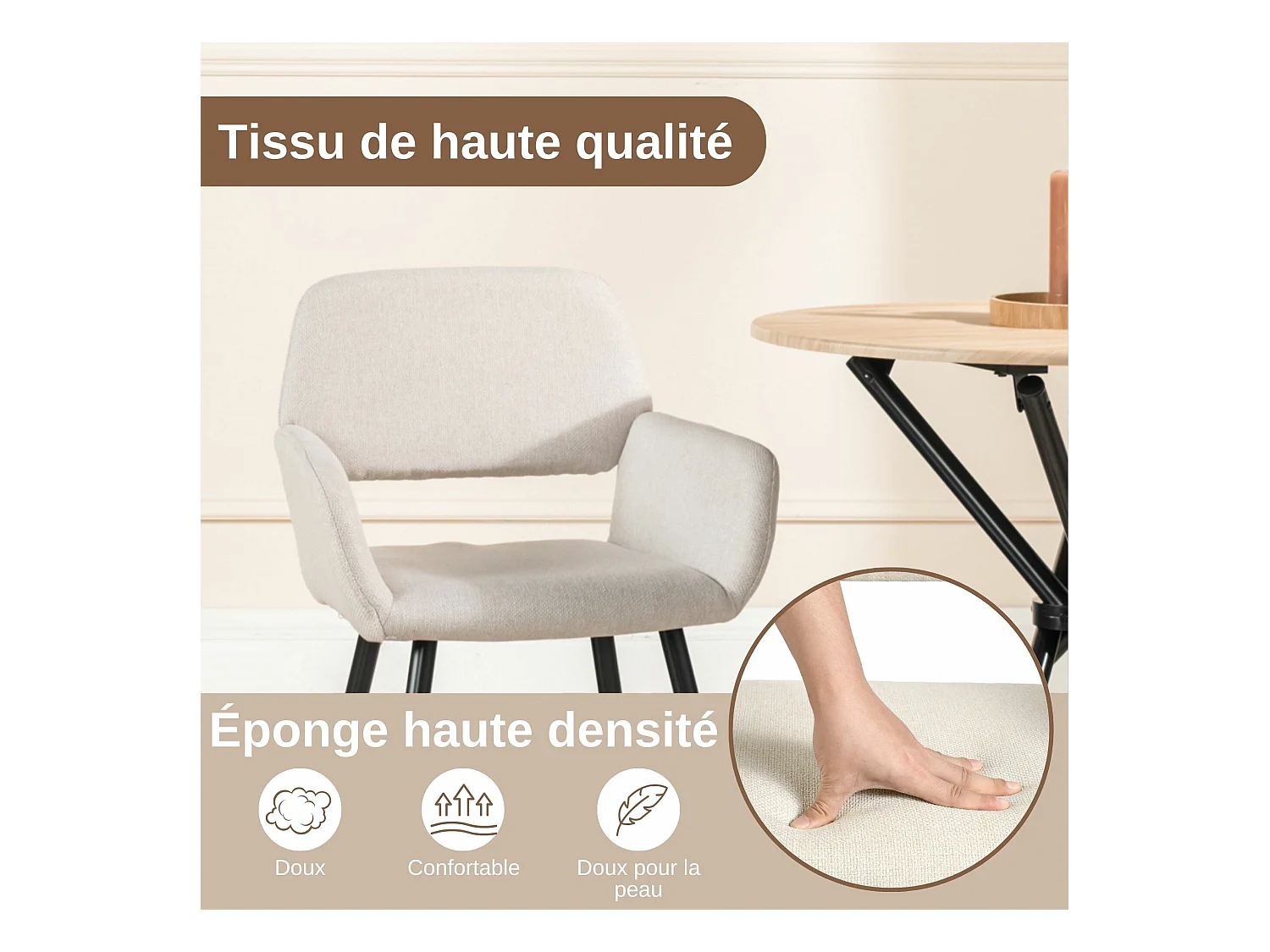 URBAN MEUBLE Lot de 4 chaises de salle à manger scandinaves tissu beige pieds noirs