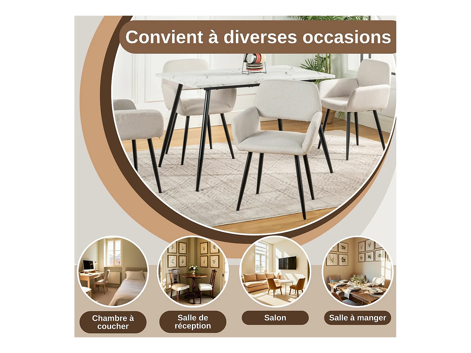 URBAN MEUBLE Lot de 4 chaises de salle à manger scandinaves tissu beige pieds noirs