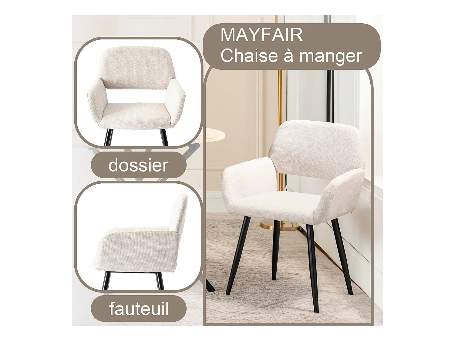 URBAN MEUBLE Lot de 4 chaises de salle à manger scandinaves tissu beige pieds noirs