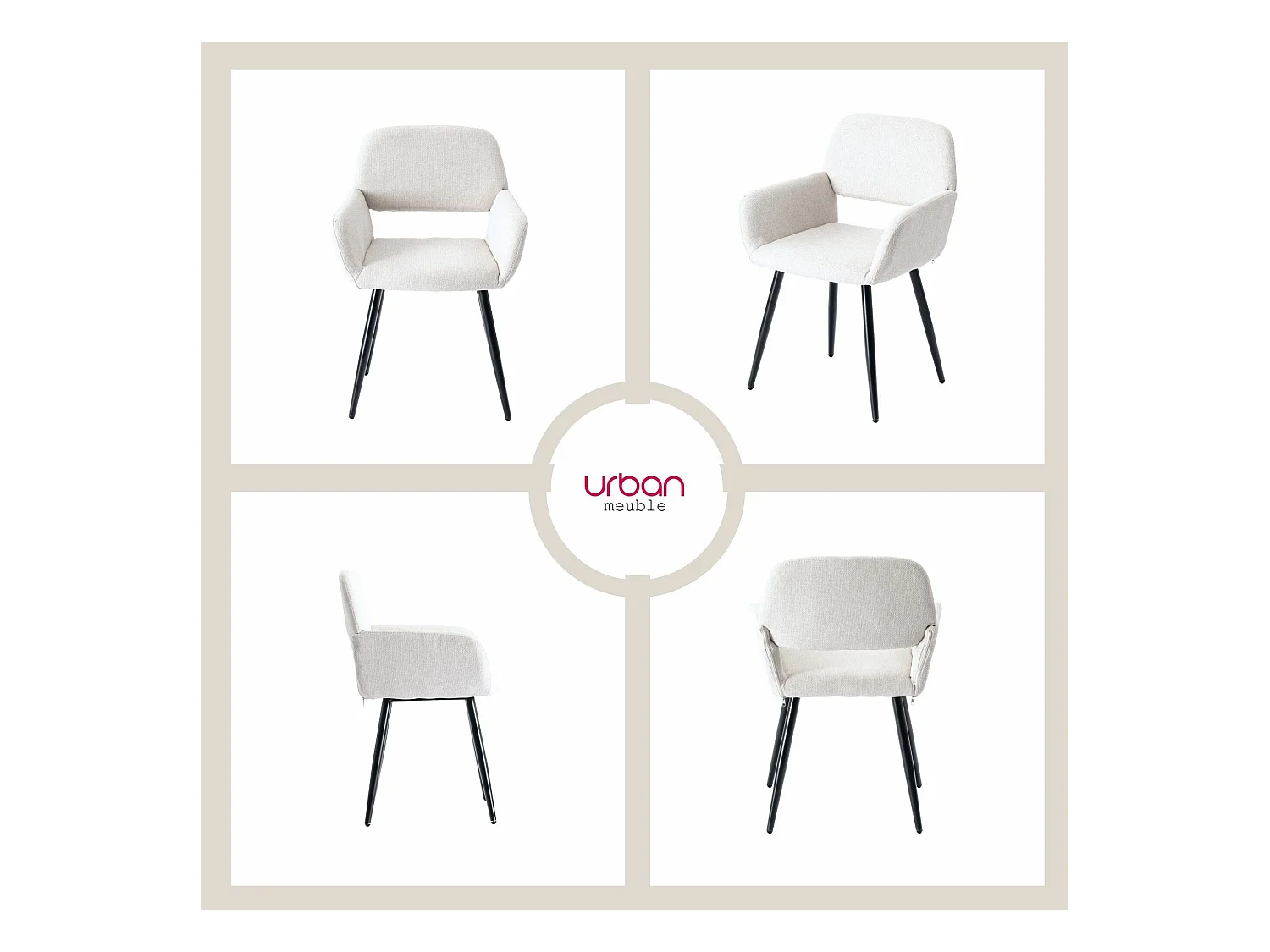 URBAN MEUBLE Lot de 4 chaises de salle à manger scandinaves tissu beige pieds noirs